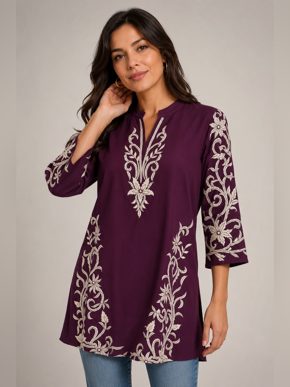 Boho Embroidered Plum Tunic Dress 3/4 Sleeve Floral Shift Dress Size M